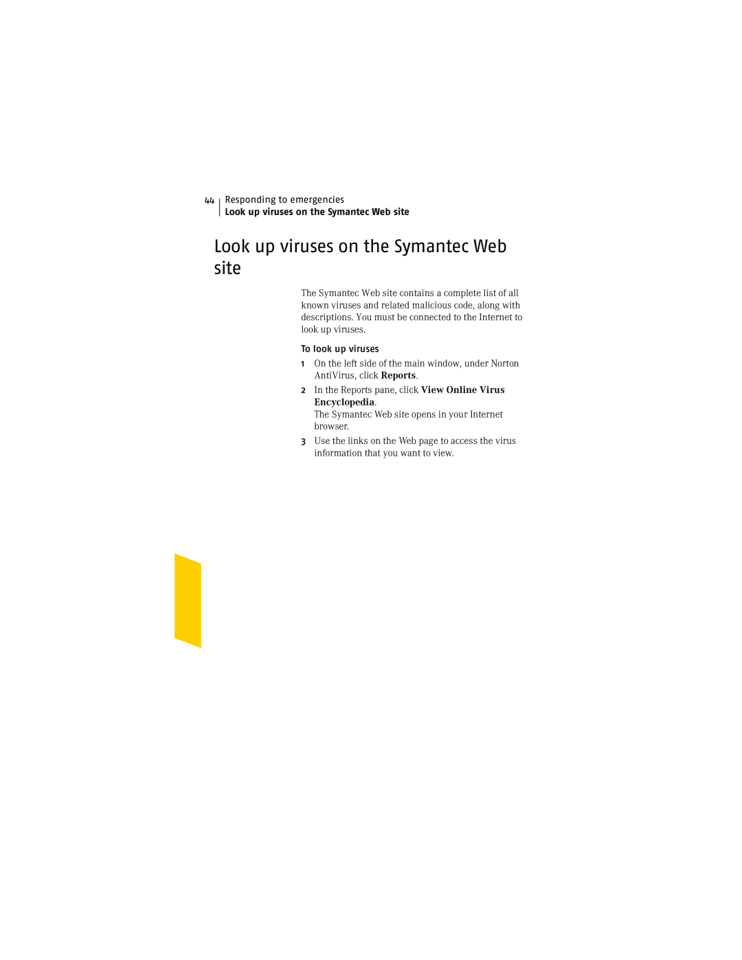 Symantec NIS2005 manual Look up viruses on the Symantec Web site 