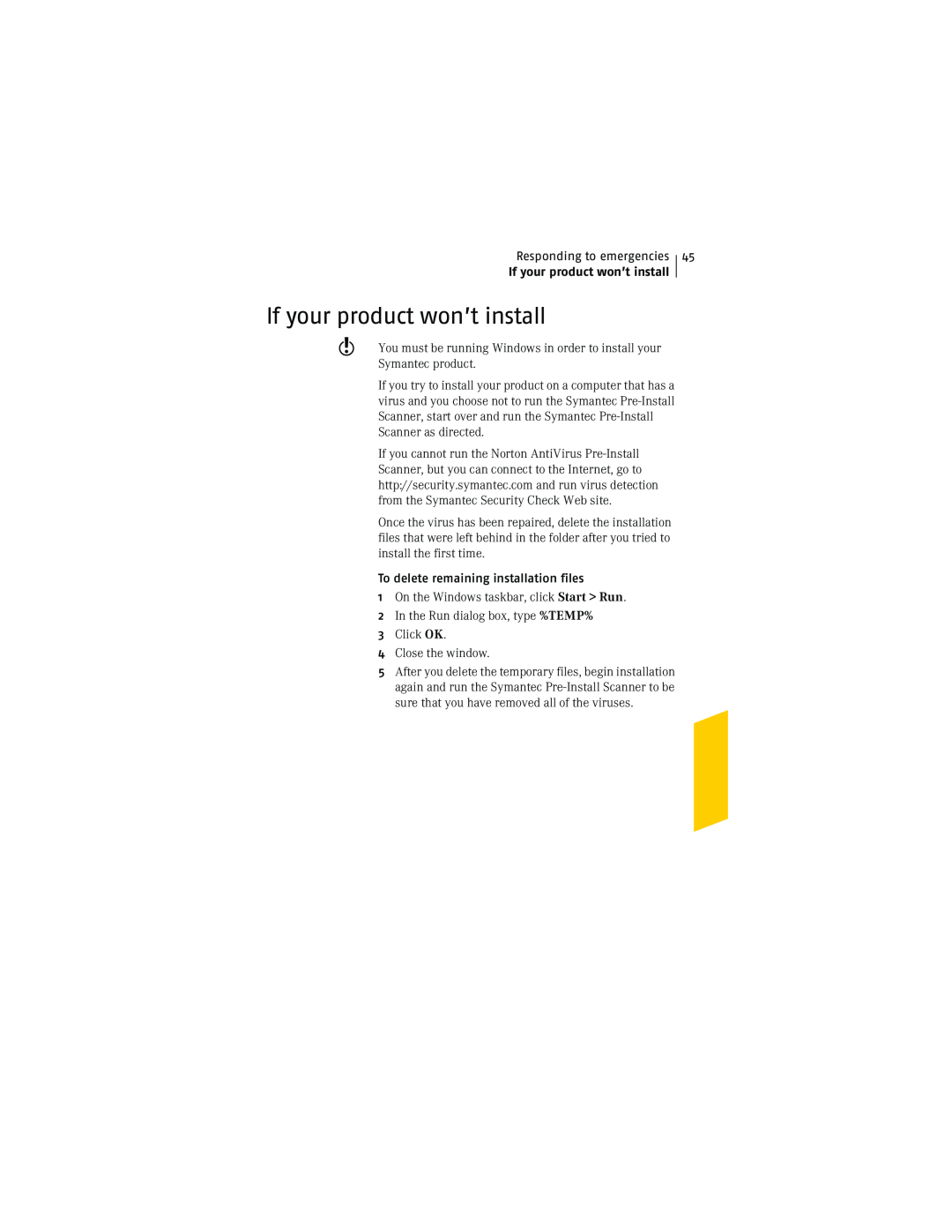 Symantec NIS2005 manual If your product won’t install 