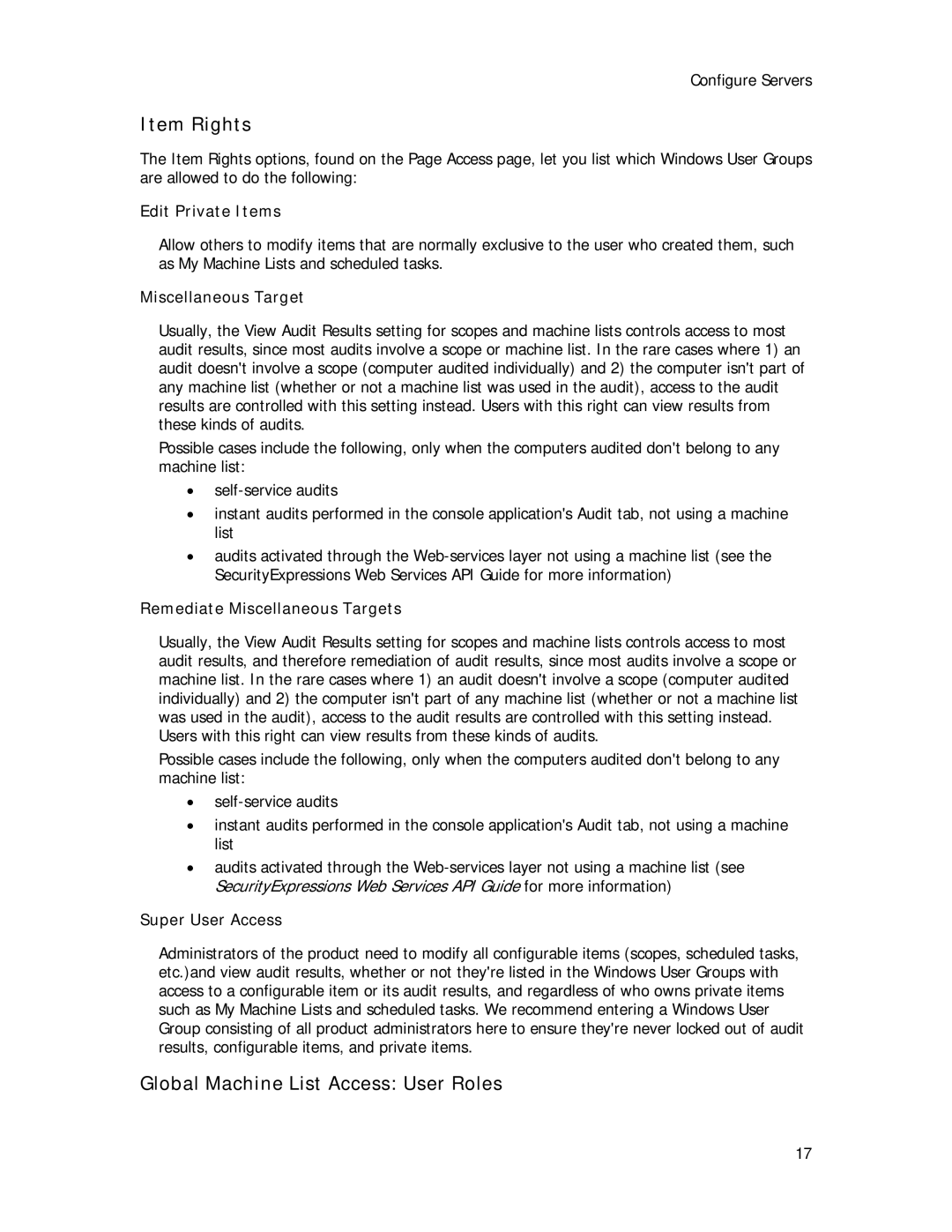 Symantec Security Expressions Server manual Item Rights, Global Machine List Access User Roles 