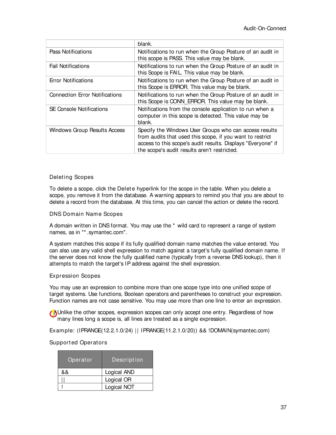 Symantec Security Expressions Server manual Deleting Scopes, DNS Domain Name Scopes, Expression Scopes, Supported Operators 