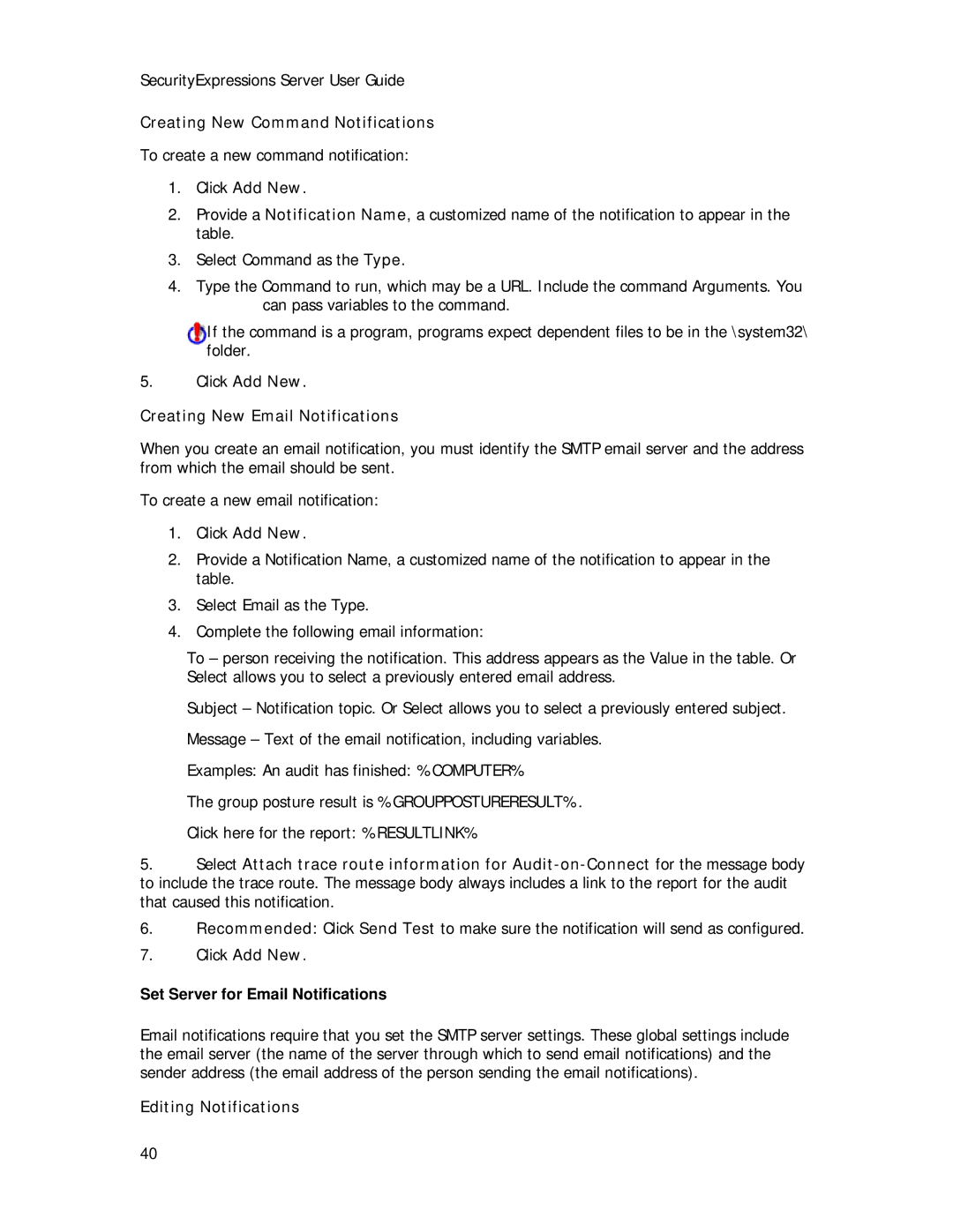 Symantec Security Expressions Server Creating New Command Notifications, Creating New Email Notifications, Click Add New 