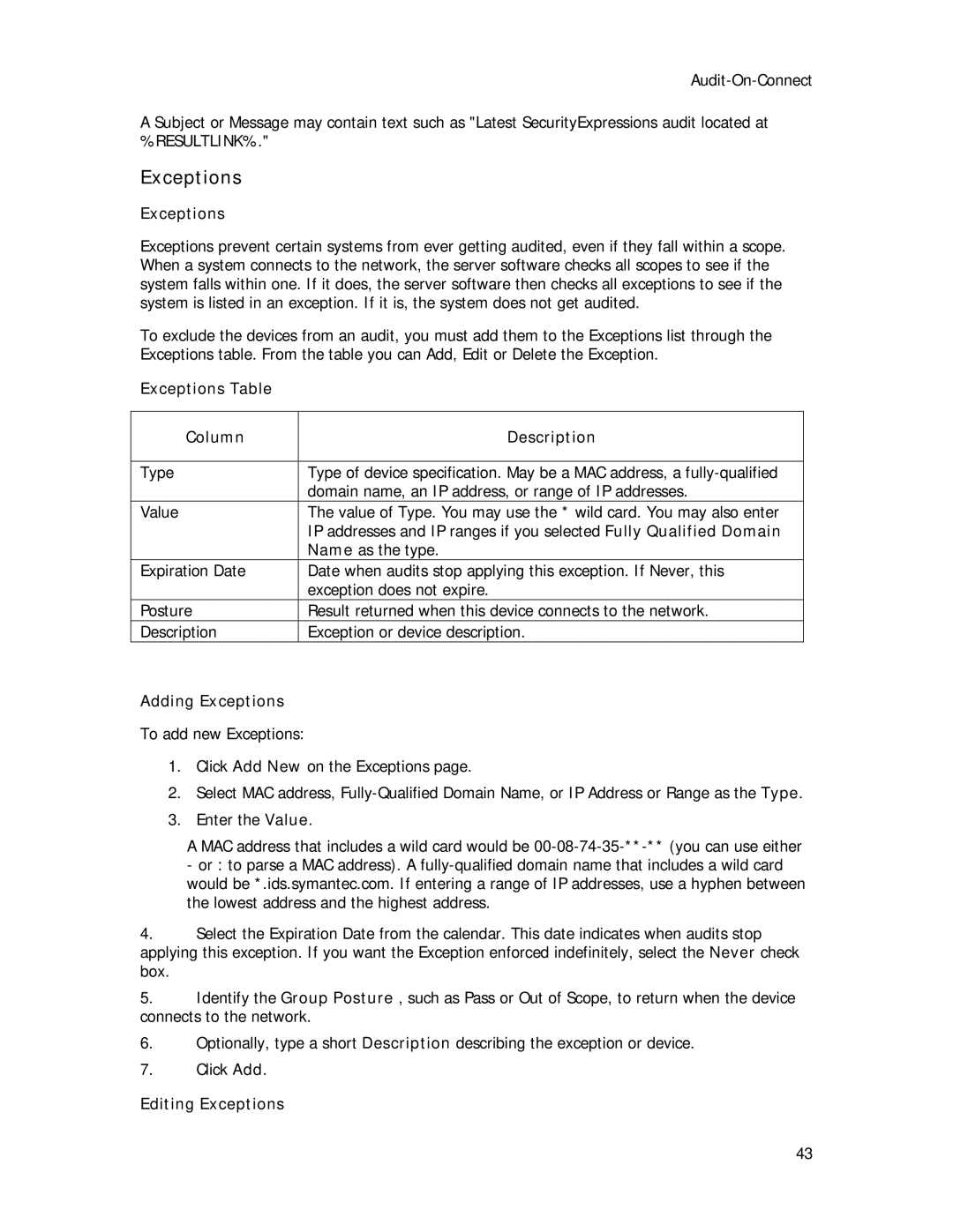 Symantec Security Expressions Server manual Exceptions Table Column Description, Adding Exceptions, Editing Exceptions 