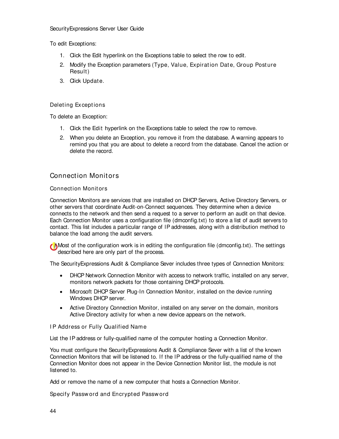 Symantec Security Expressions Server manual Connection Monitors, Deleting Exceptions, IP Address or Fully Qualified Name 