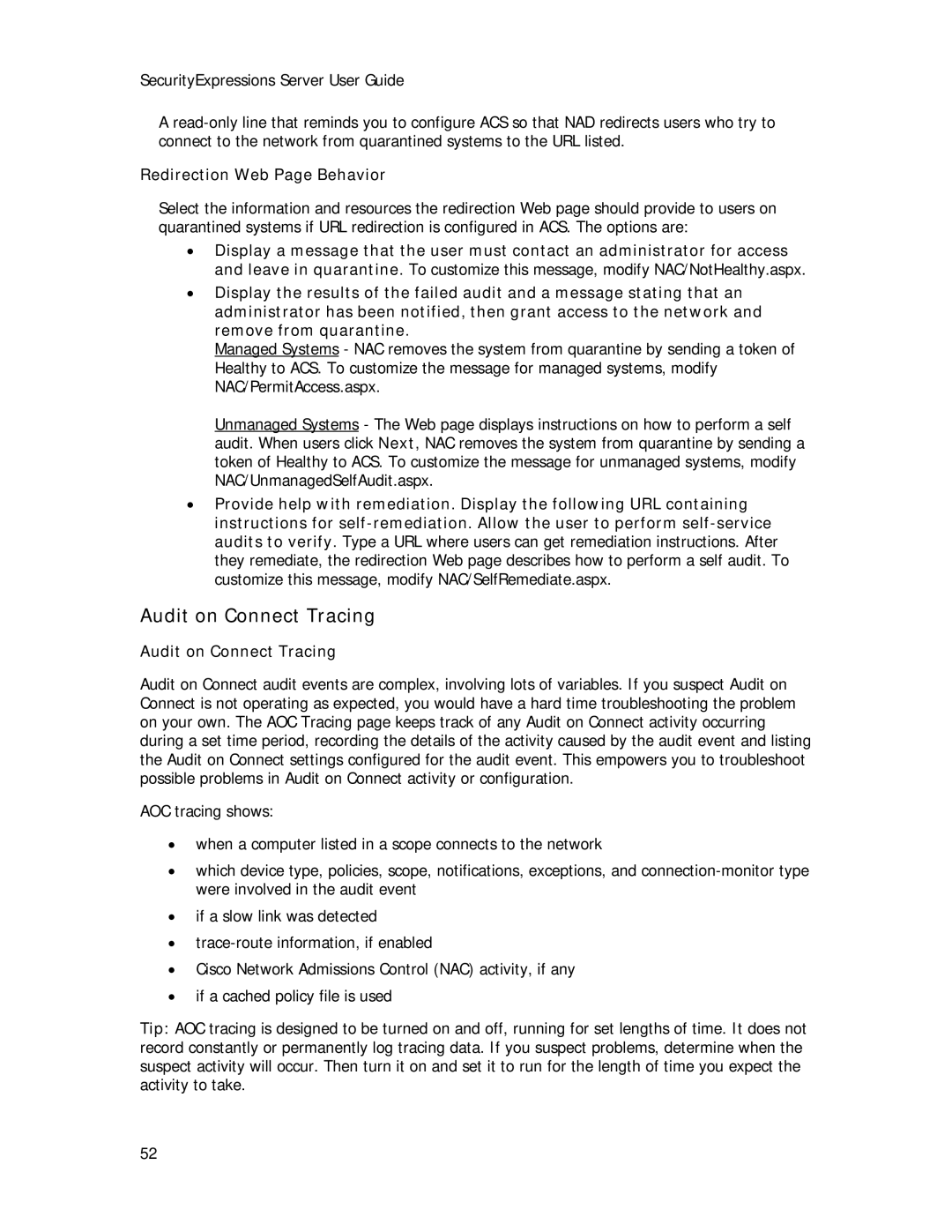 Symantec Security Expressions Server manual Audit on Connect Tracing, Redirection Web Page Behavior 