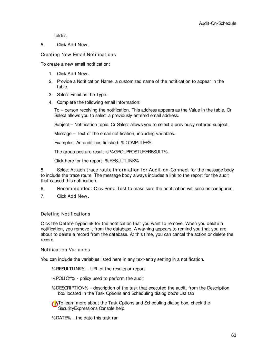 Symantec Security Expressions Server manual Click Add New Deleting Notifications, Notification Variables 