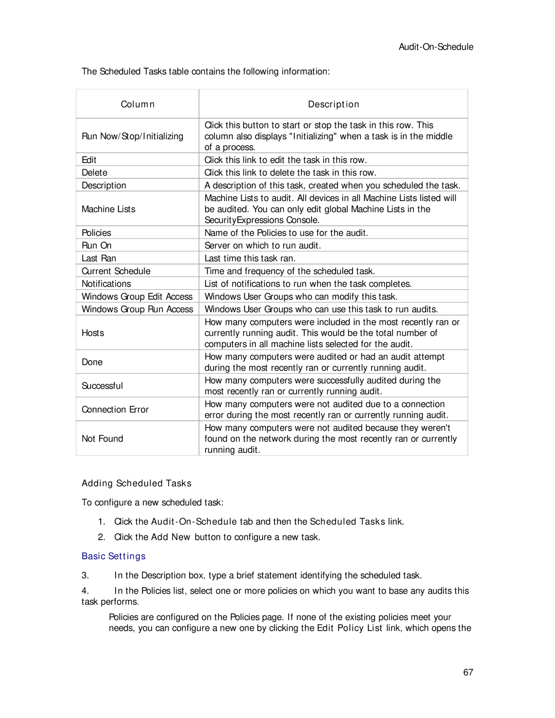 Symantec Security Expressions Server manual Adding Scheduled Tasks, Basic Settings 