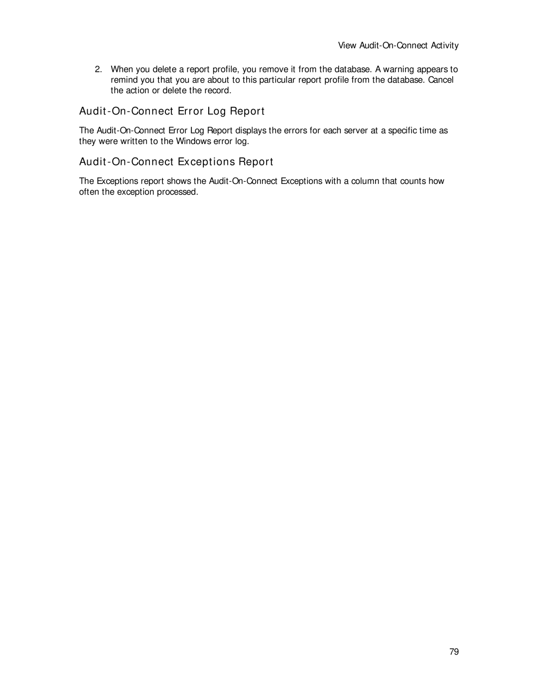 Symantec Security Expressions Server manual Audit-On-Connect Error Log Report, Audit-On-Connect Exceptions Report 