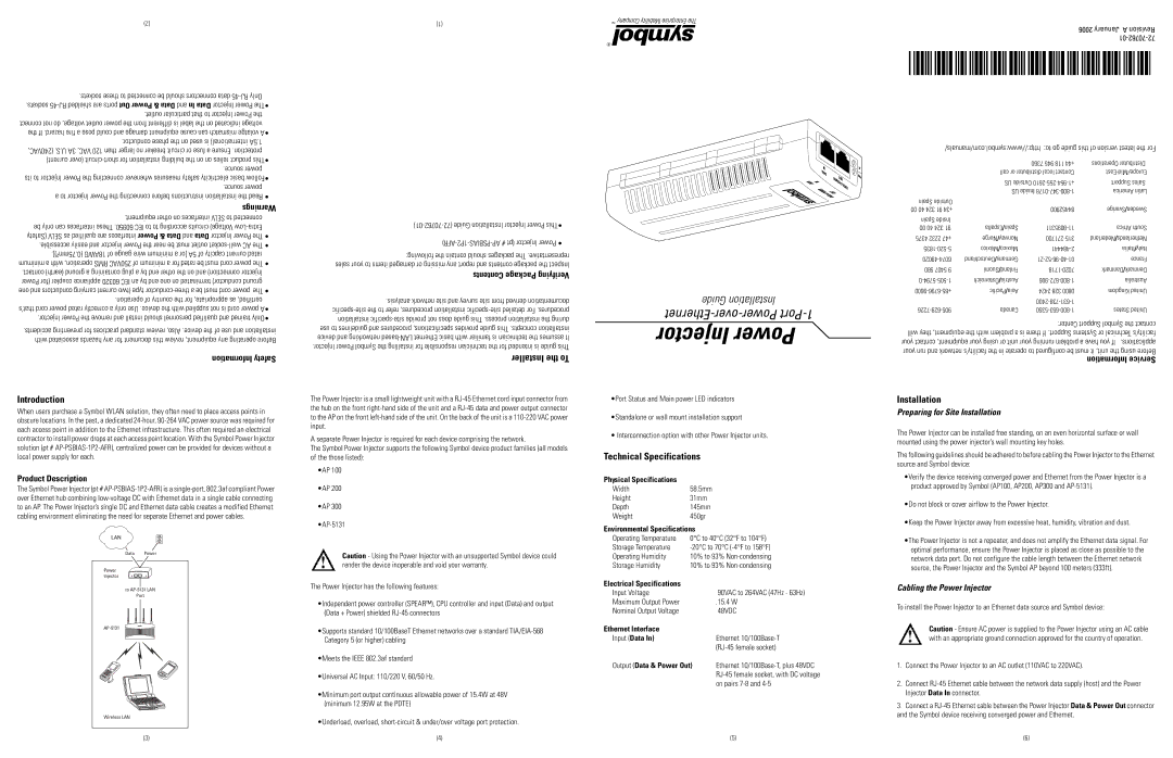 Symbol Technologies 1-PortPower-over-Ethernet technical specifications Introduction, Installer the To, Installation 