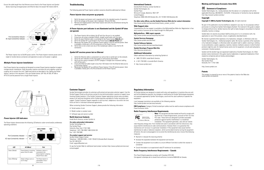 Symbol Technologies 1-PortPower-over-Ethernet Troubleshooting, Customer Support, Regulatory Information 