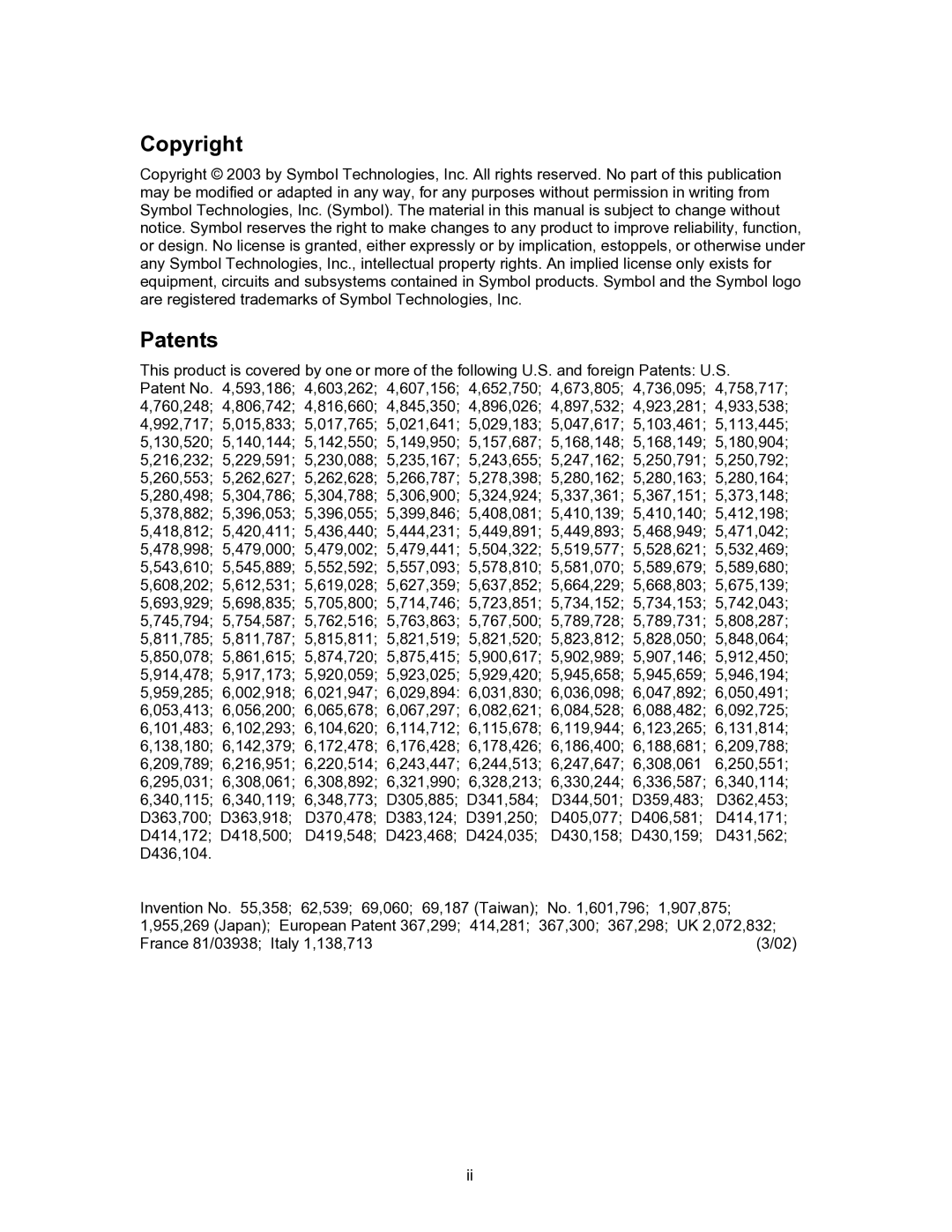 Symbol Technologies WS 5000 manual Copyright, Patents 