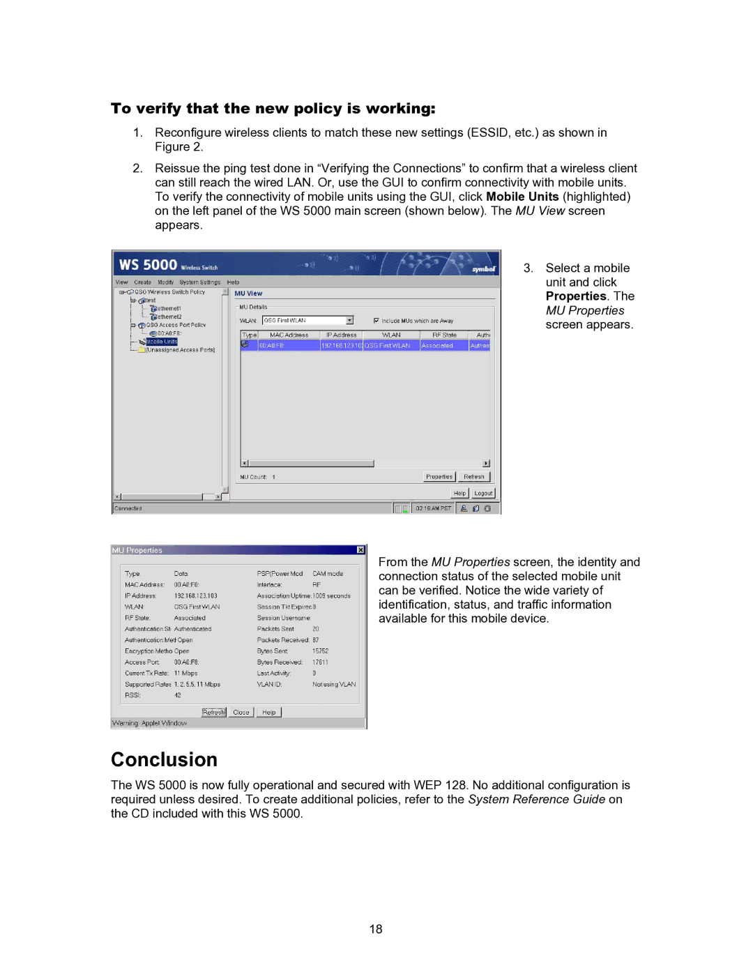 Symbol Technologies WS 5000 manual Conclusion, To verify that the new policy is working 