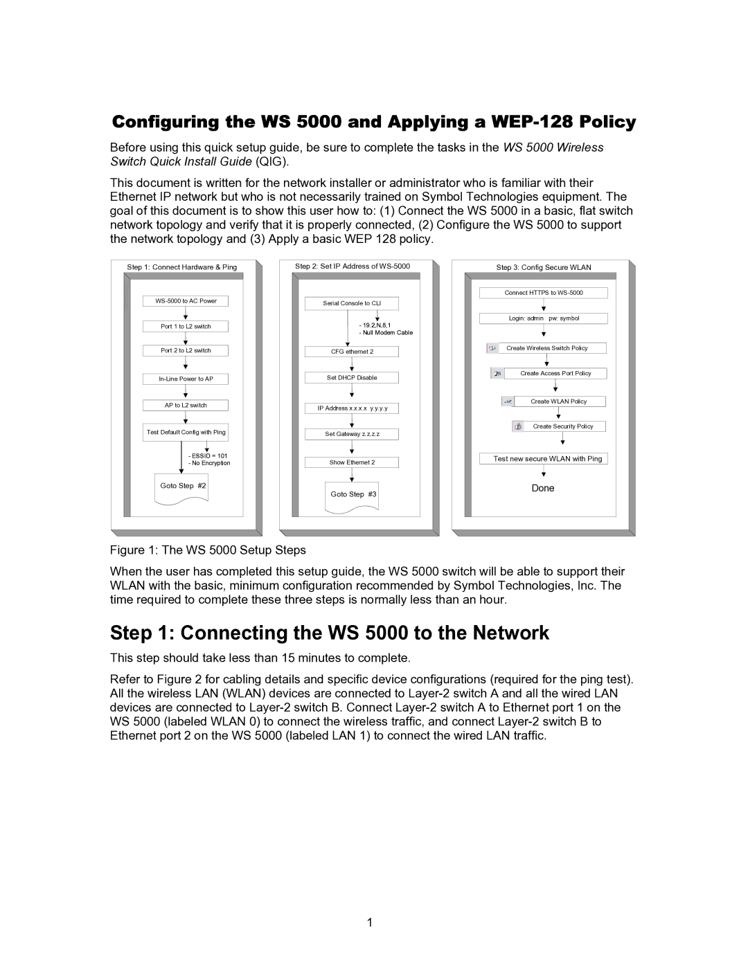 Symbol Technologies manual Connecting the WS 5000 to the Network, Configuring the WS 5000 and Applying a WEP-128 Policy 