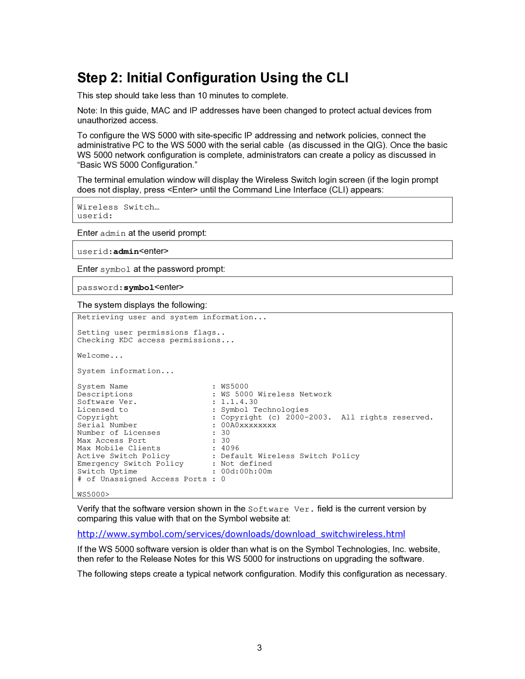 Symbol Technologies WS 5000 manual Initial Configuration Using the CLI, Passwordsymbolenter 