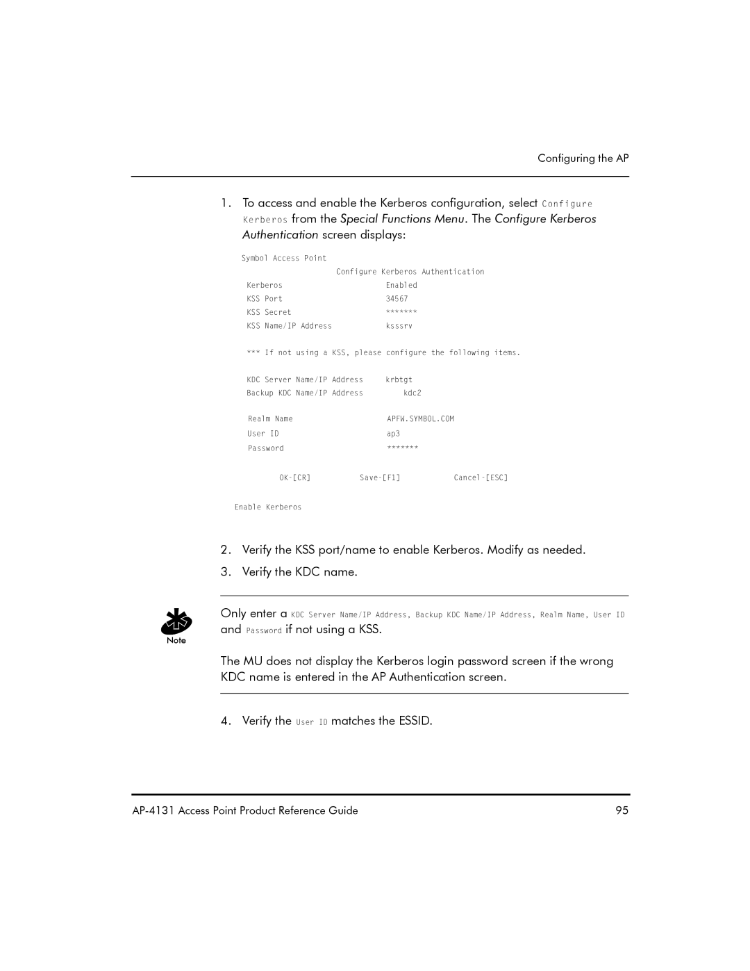 Symbol Technologies AP-4131 manual User ID Ap3 Password OK-CR Save-F1Cancel-ESC Enable Kerberos 