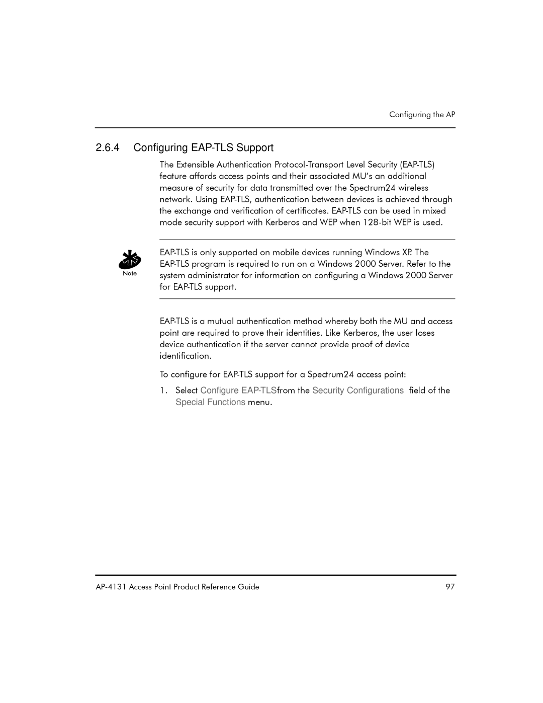 Symbol Technologies AP-4131 manual Configuring EAP-TLS Support 