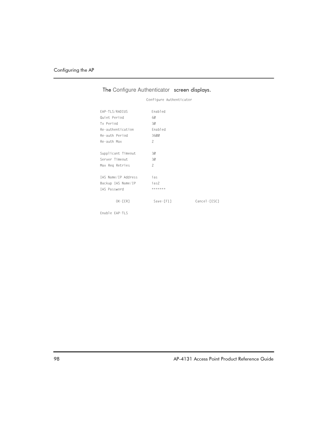 Symbol Technologies AP-4131 manual Configure Authenticator screen displays 