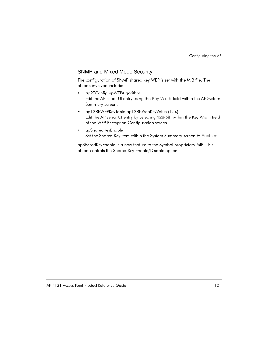 Symbol Technologies AP-4131 manual Snmp and Mixed Mode Security 