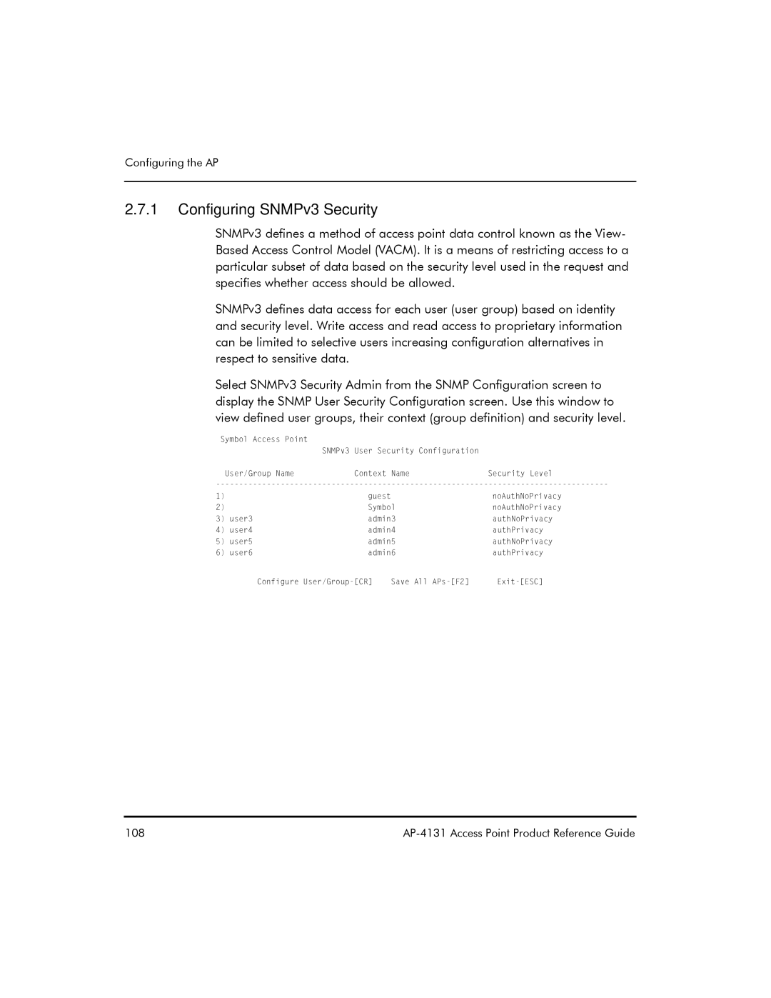 Symbol Technologies AP-4131 manual Configuring SNMPv3 Security 