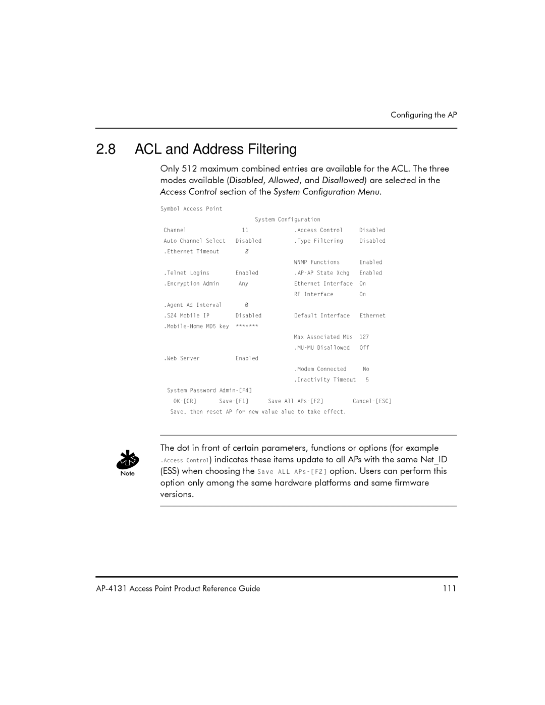 Symbol Technologies AP-4131 manual ACL and Address Filtering 