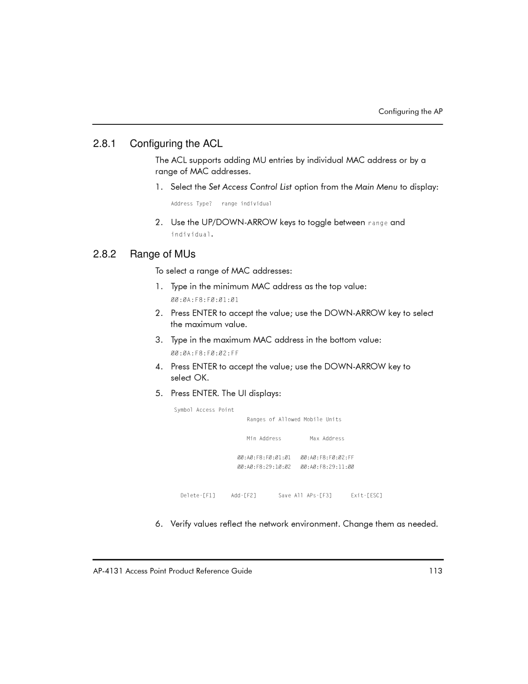 Symbol Technologies AP-4131 manual Configuring the ACL, Range of MUs 