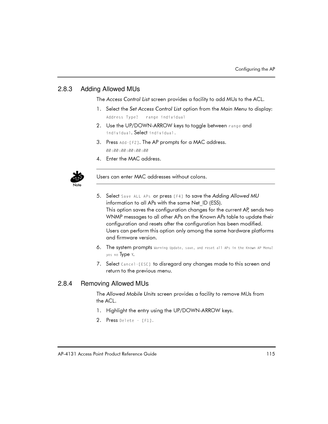 Symbol Technologies AP-4131 manual Adding Allowed MUs, Removing Allowed MUs 