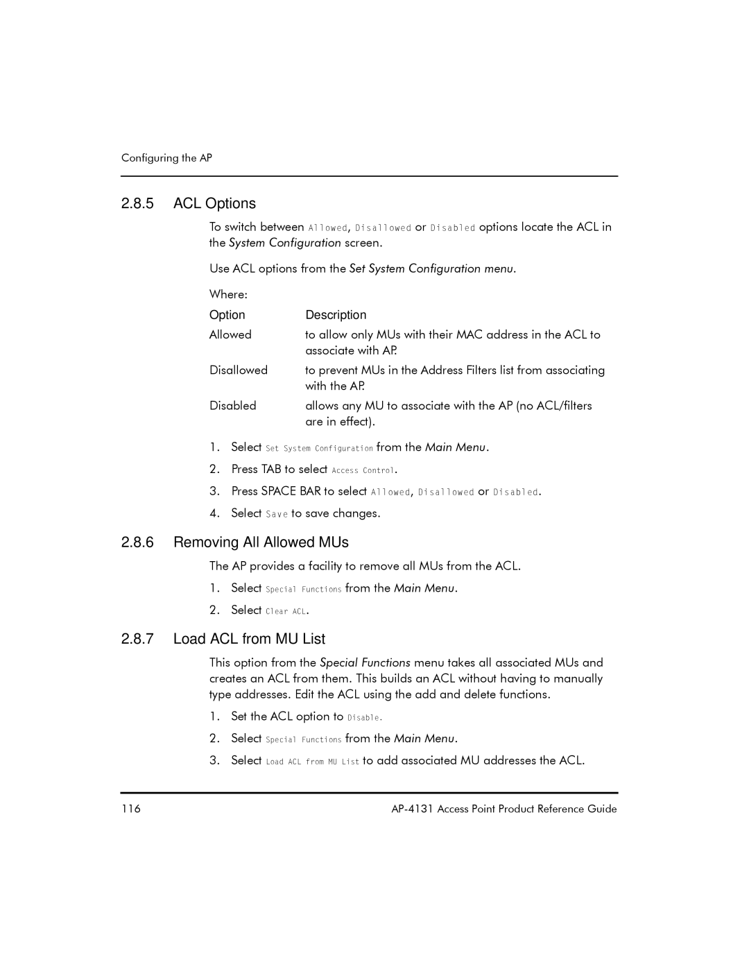 Symbol Technologies AP-4131 manual ACL Options, Removing All Allowed MUs, Load ACL from MU List 