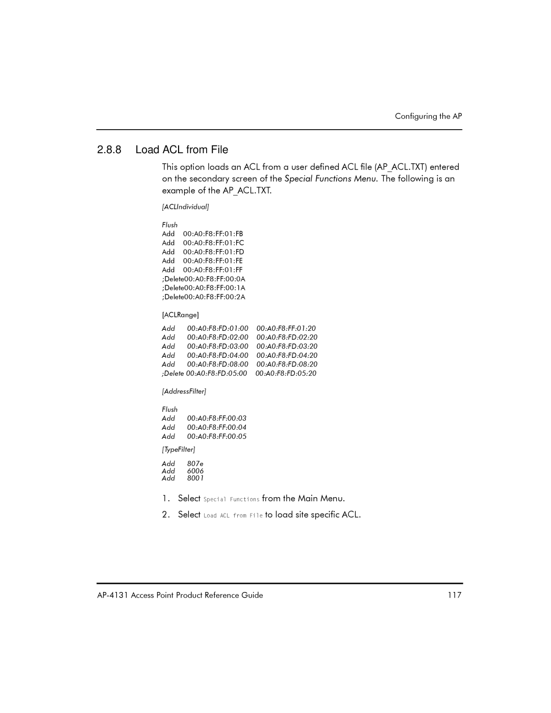 Symbol Technologies AP-4131 manual Load ACL from File, ACLIndividual Flush 