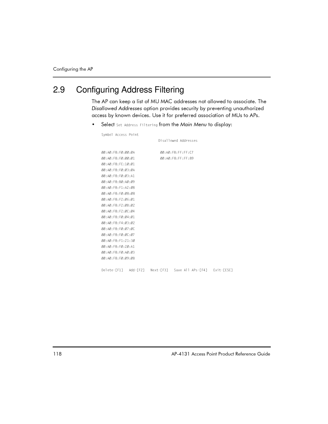 Symbol Technologies AP-4131 manual Configuring Address Filtering 