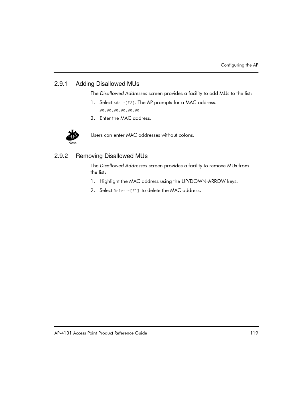 Symbol Technologies AP-4131 manual Adding Disallowed MUs, Removing Disallowed MUs 