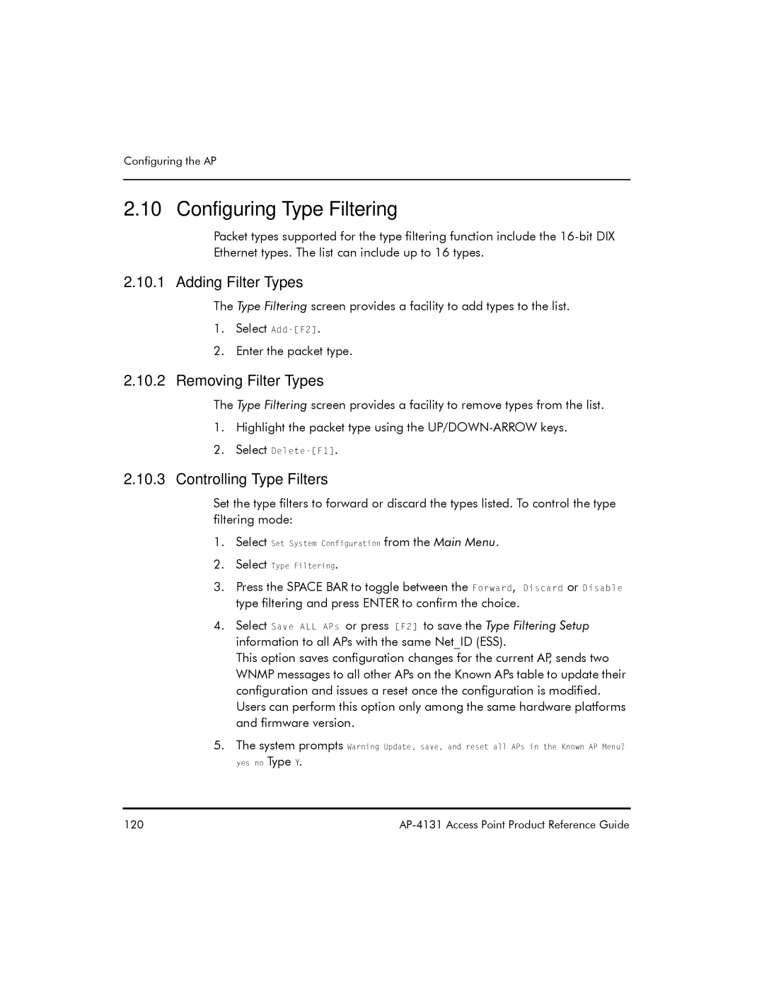 Symbol Technologies AP-4131 manual Configuring Type Filtering, Adding Filter Types, Removing Filter Types 