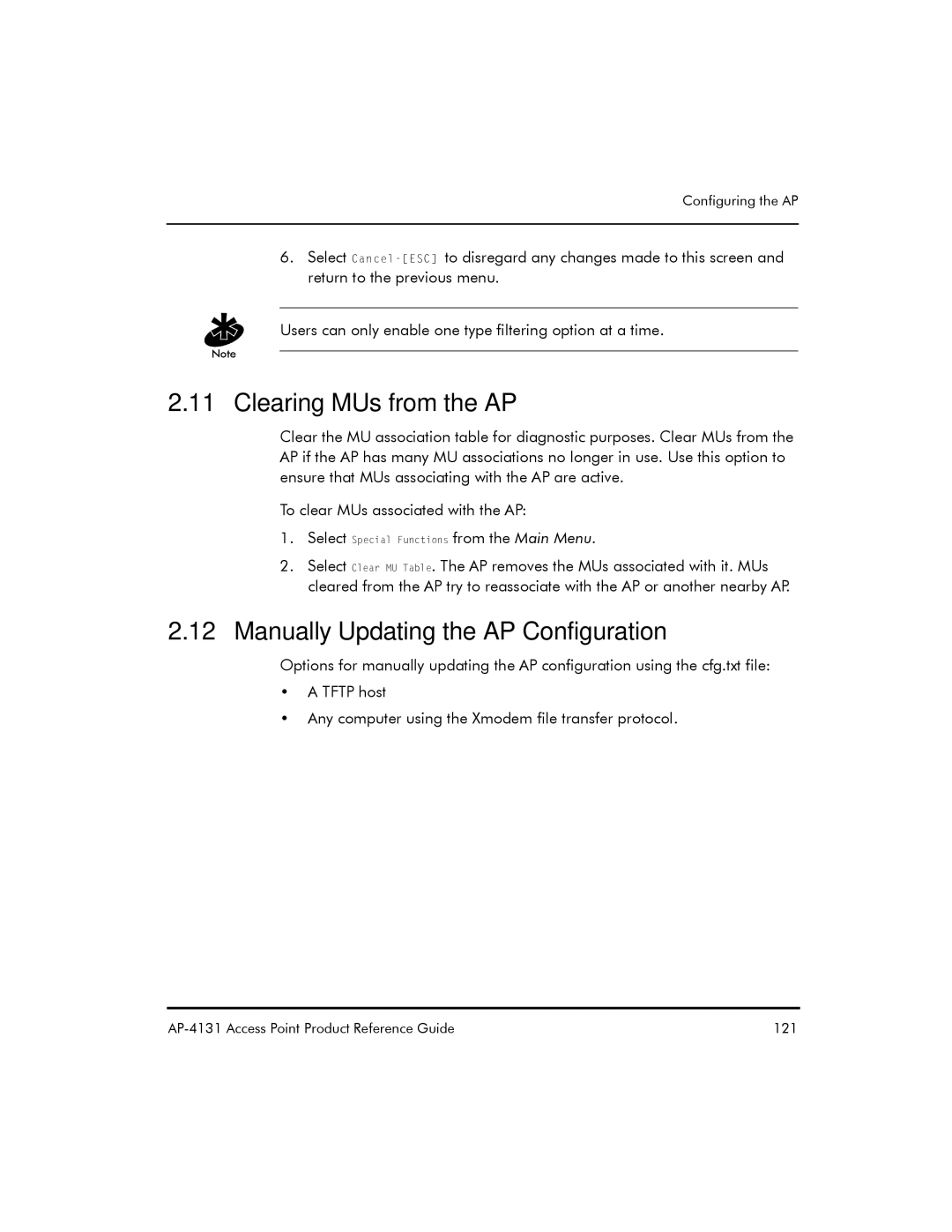 Symbol Technologies AP-4131 manual Clearing MUs from the AP, Manually Updating the AP Configuration 