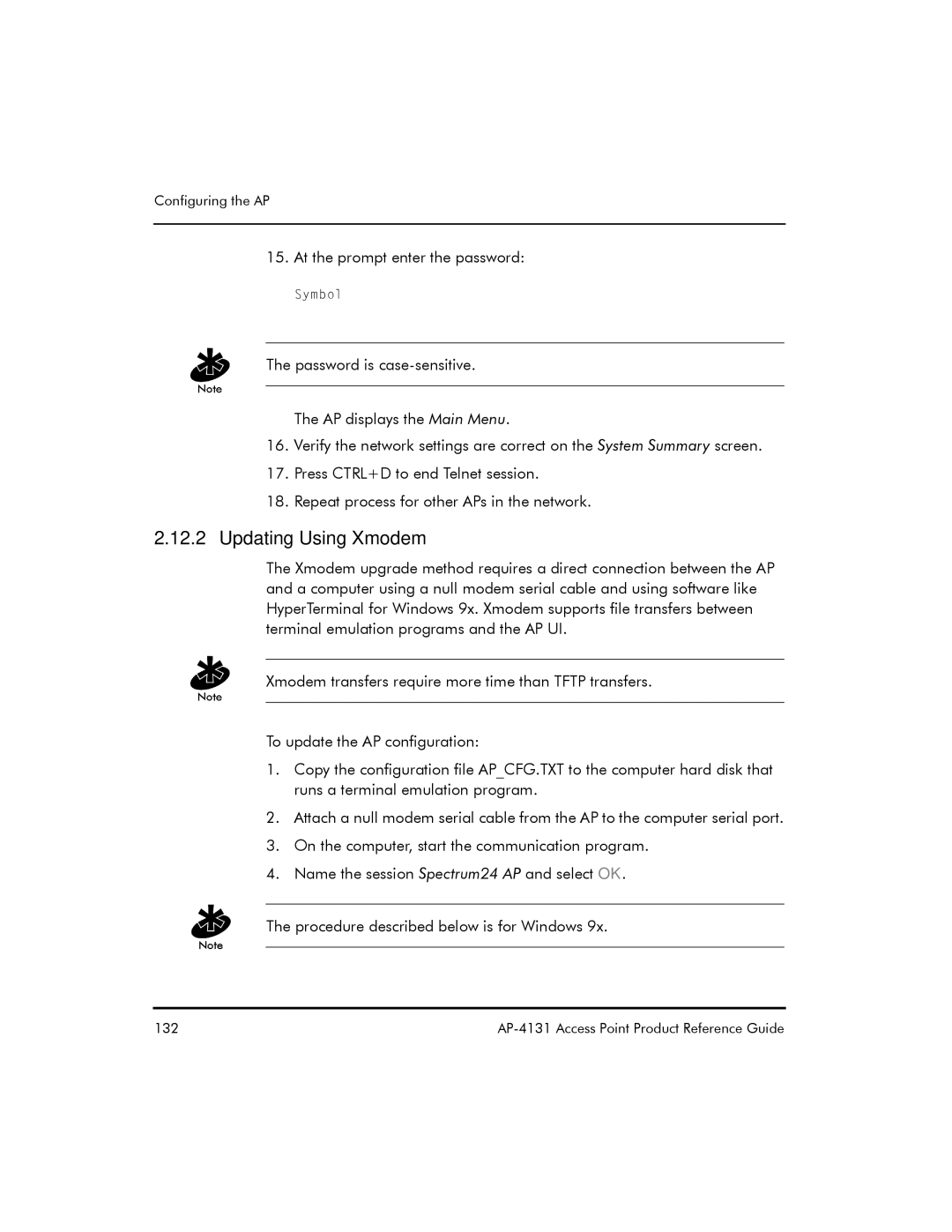 Symbol Technologies AP-4131 manual Updating Using Xmodem 