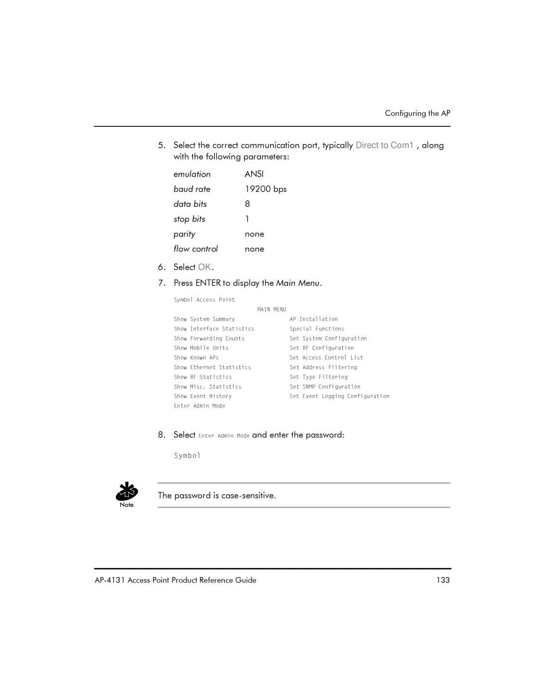 Symbol Technologies AP-4131 manual Select Enter Admin Mode and enter the password 