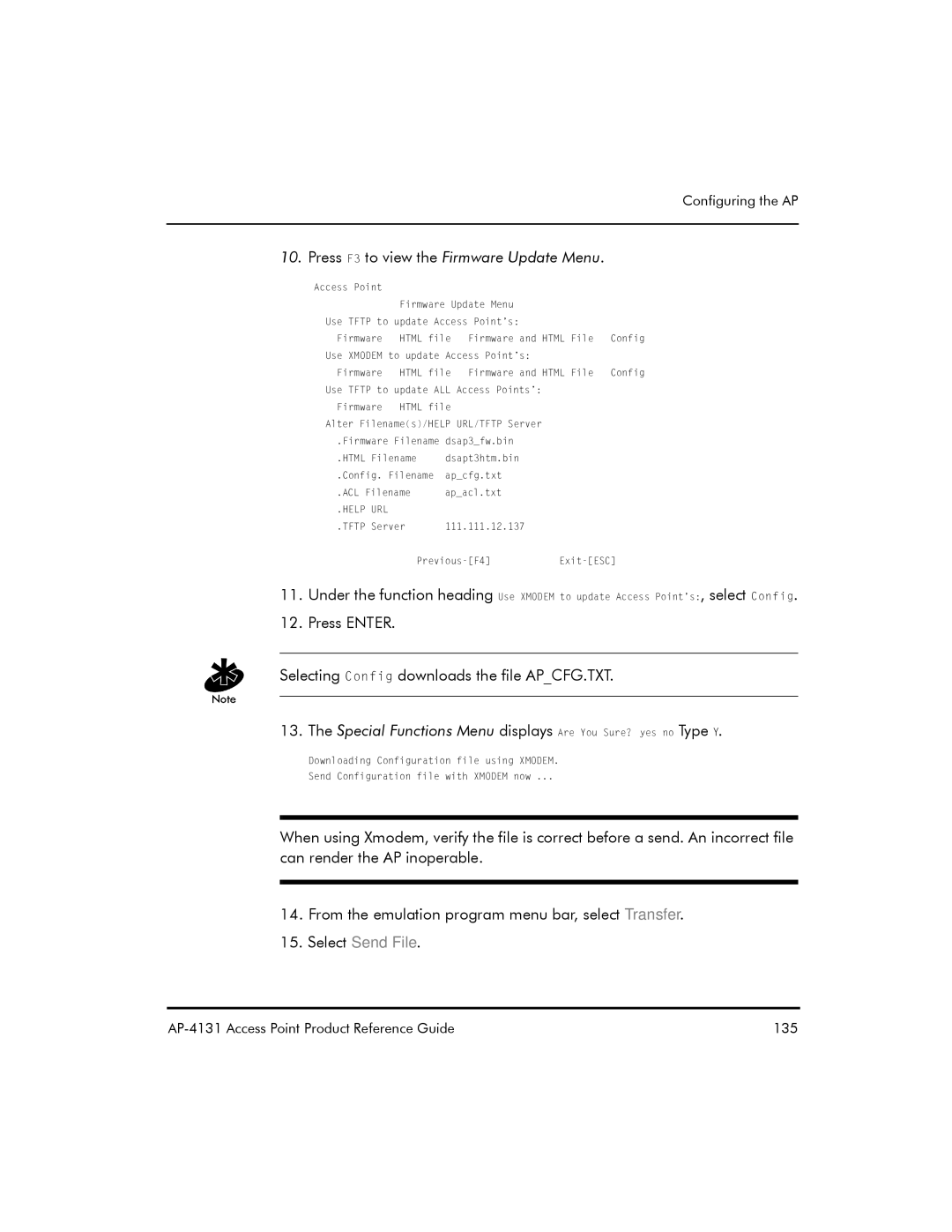 Symbol Technologies AP-4131 manual Press F3 to view the Firmware Update Menu 
