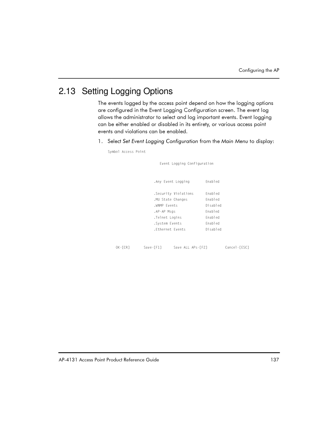 Symbol Technologies AP-4131 manual Setting Logging Options 