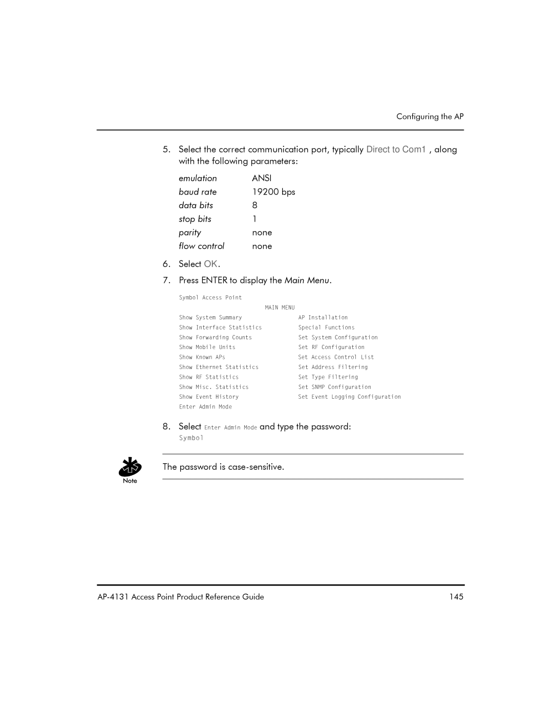 Symbol Technologies AP-4131 manual Select Enter Admin Mode and type the password 