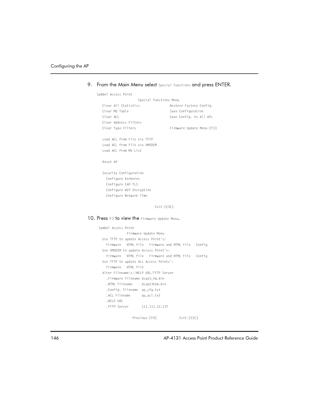 Symbol Technologies AP-4131 manual From the Main Menu select Special Functions and press Enter 