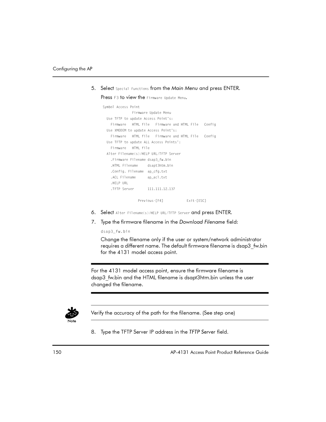 Symbol Technologies AP-4131 manual Type the firmware filename in the Download Filename field 