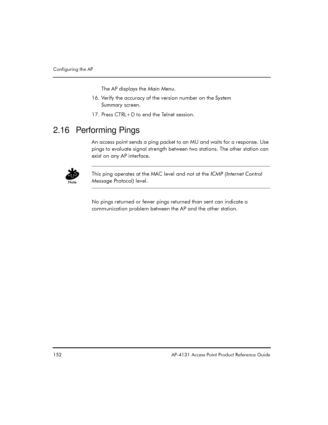 Symbol Technologies AP-4131 manual Performing Pings 