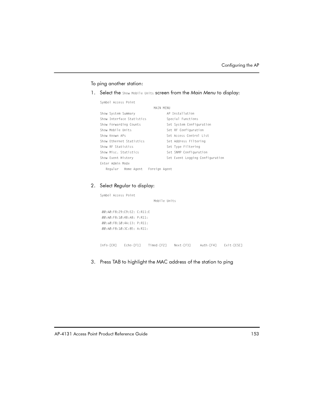 Symbol Technologies AP-4131 manual Select Regular to display 