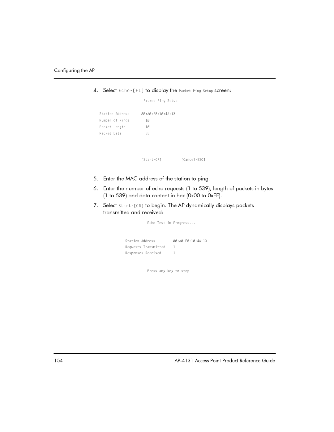 Symbol Technologies AP-4131 manual Select Echo-F1to display the Packet Ping Setup screen 