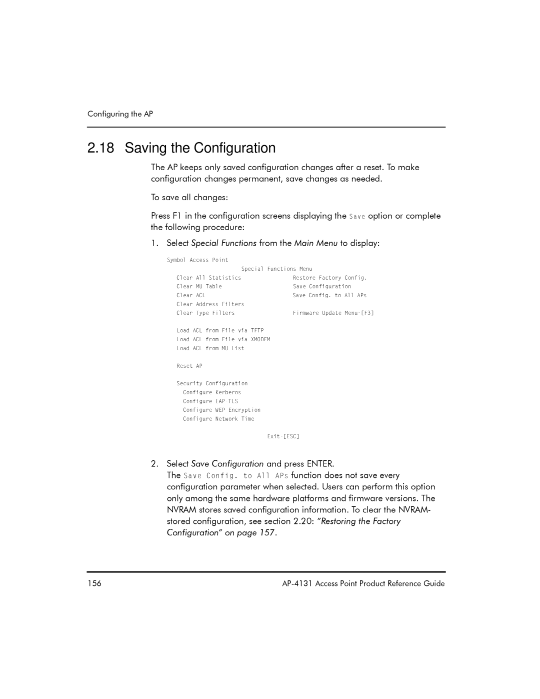 Symbol Technologies AP-4131 manual Saving the Configuration, Select Special Functions from the Main Menu to display 