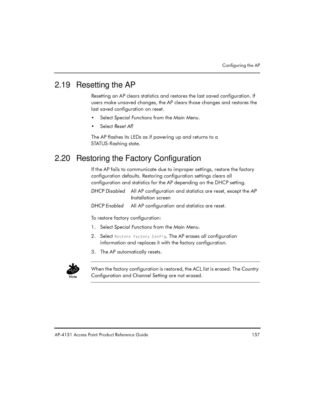 Symbol Technologies AP-4131 manual Resetting the AP, Restoring the Factory Configuration 