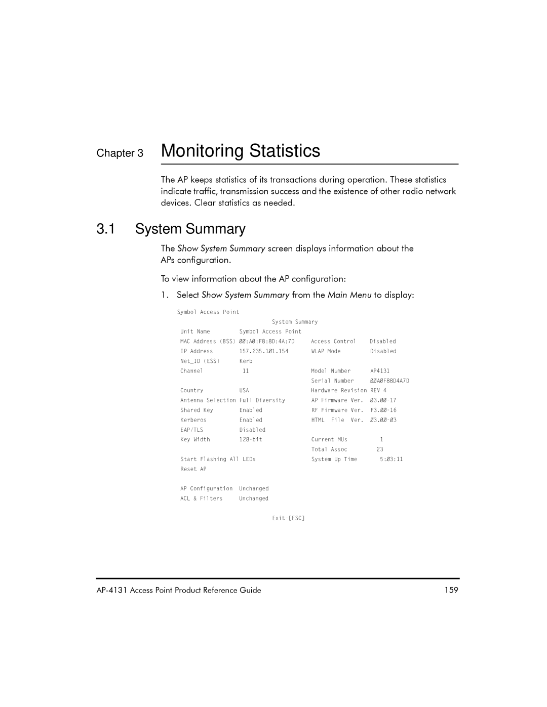 Symbol Technologies AP-4131 manual Select Show System Summary from the Main Menu to display 