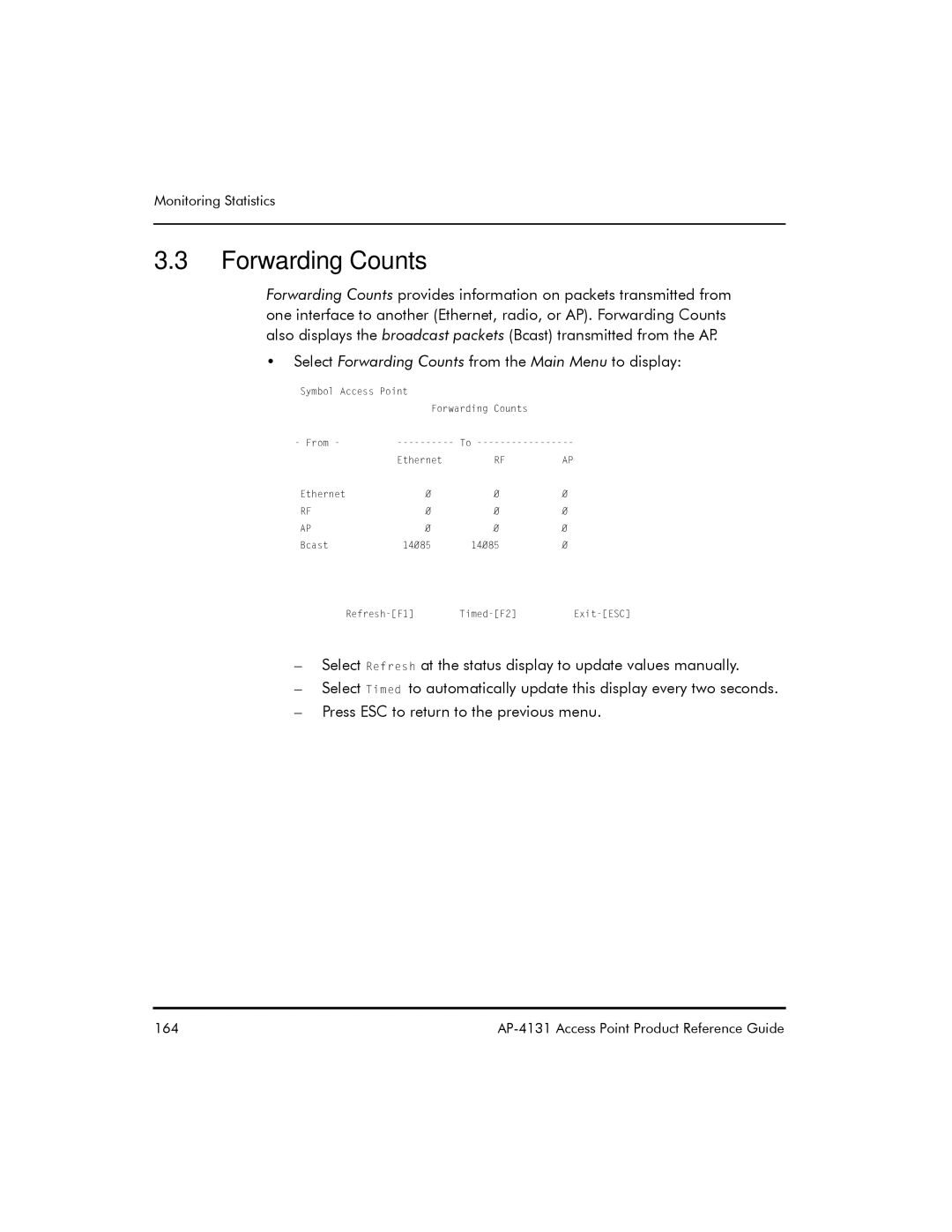 Symbol Technologies AP-4131 manual Select Forwarding Counts from the Main Menu to display 