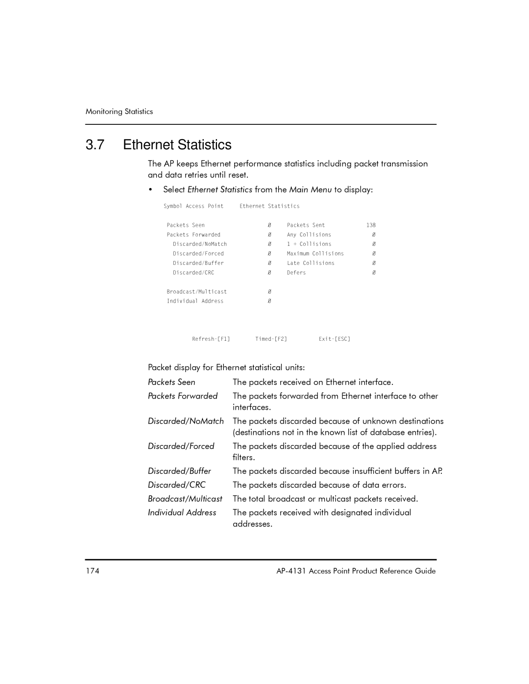 Symbol Technologies AP-4131 manual Select Ethernet Statistics from the Main Menu to display 