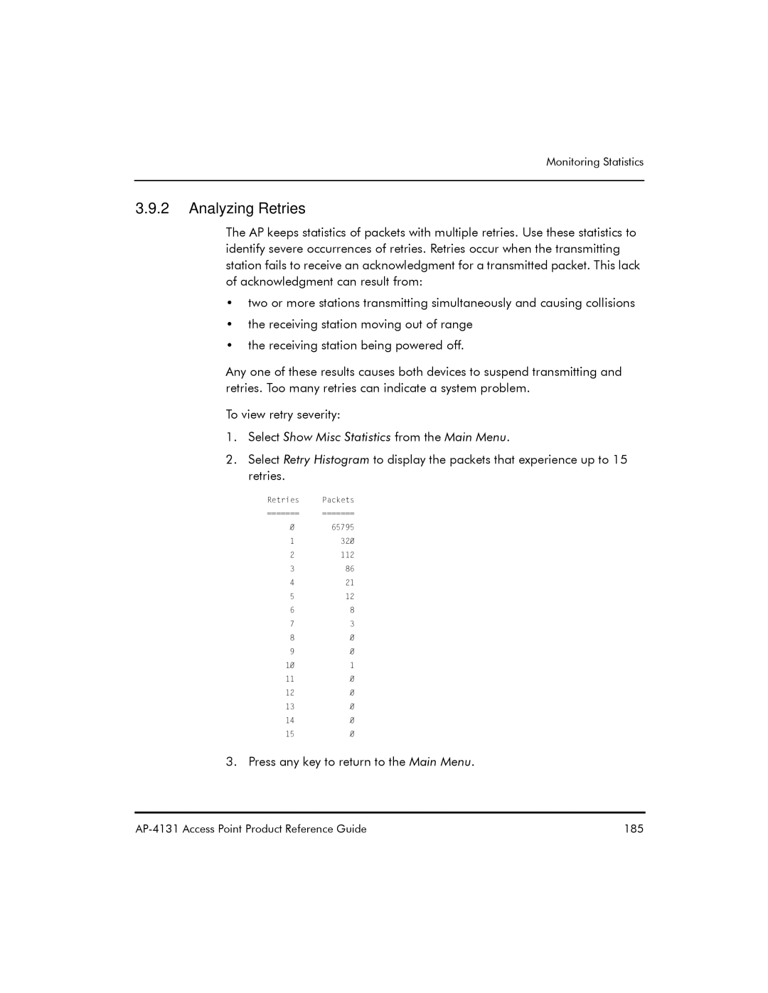 Symbol Technologies AP-4131 manual Analyzing Retries, Select Show Misc Statistics from the Main Menu 