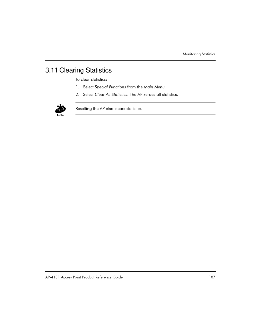 Symbol Technologies AP-4131 manual Clearing Statistics, Select Special Functions from the Main Menu 