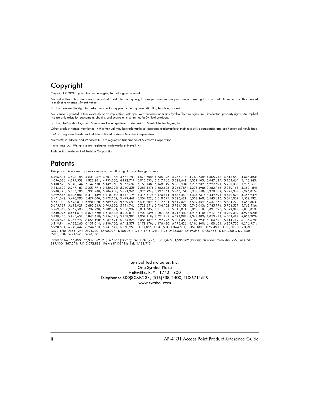 Symbol Technologies AP-4131 manual Copyright 