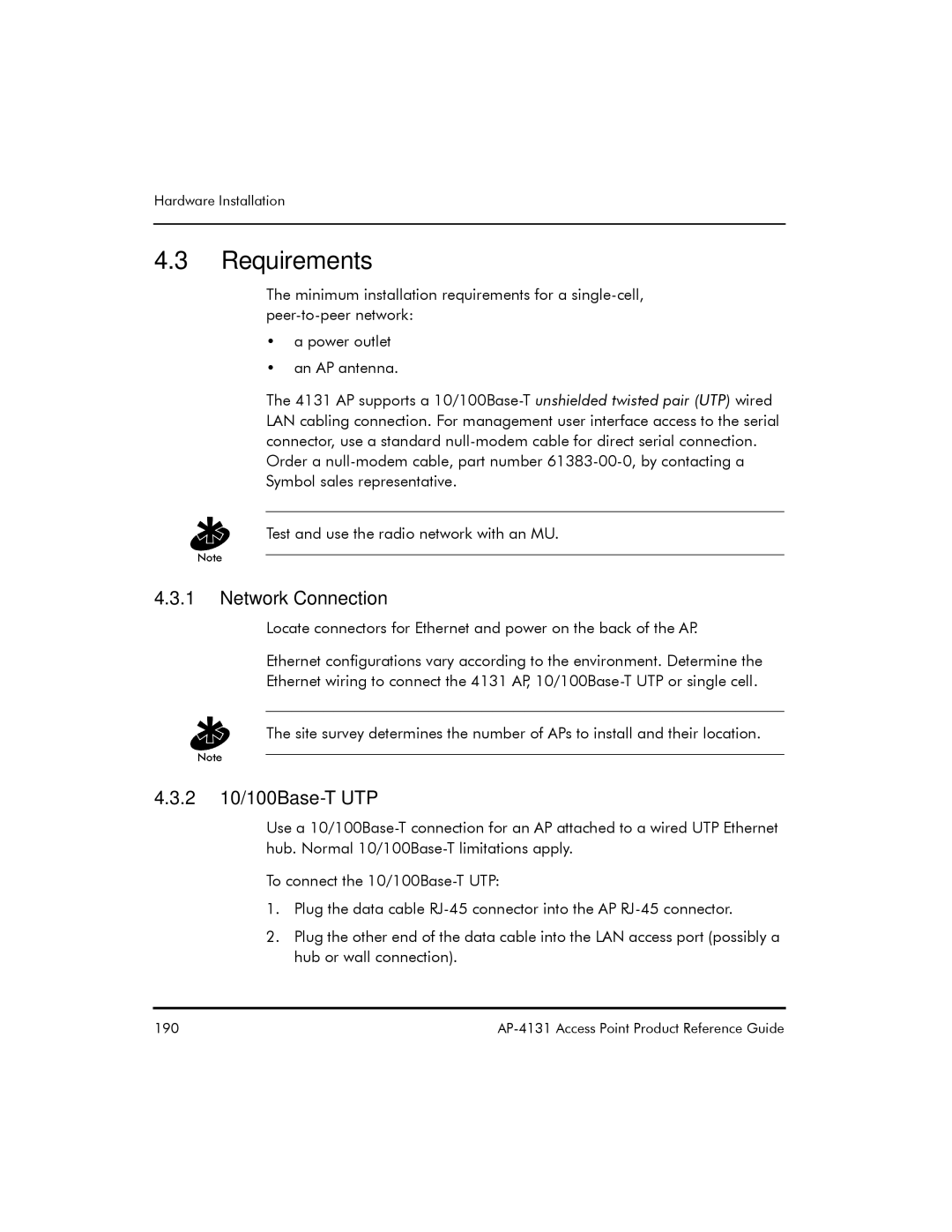 Symbol Technologies AP-4131 manual Requirements, Network Connection, 2 10/100Base-T UTP 